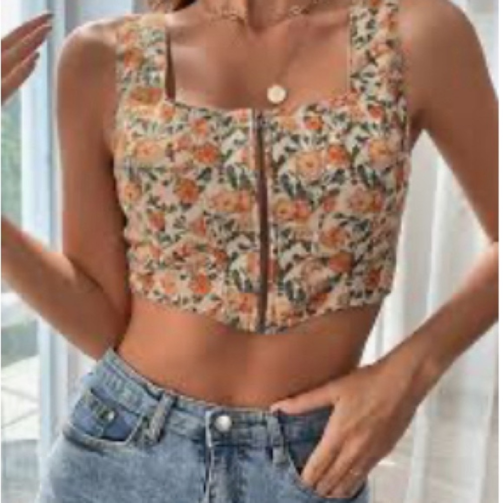 floral zip up cami cropped tank top
